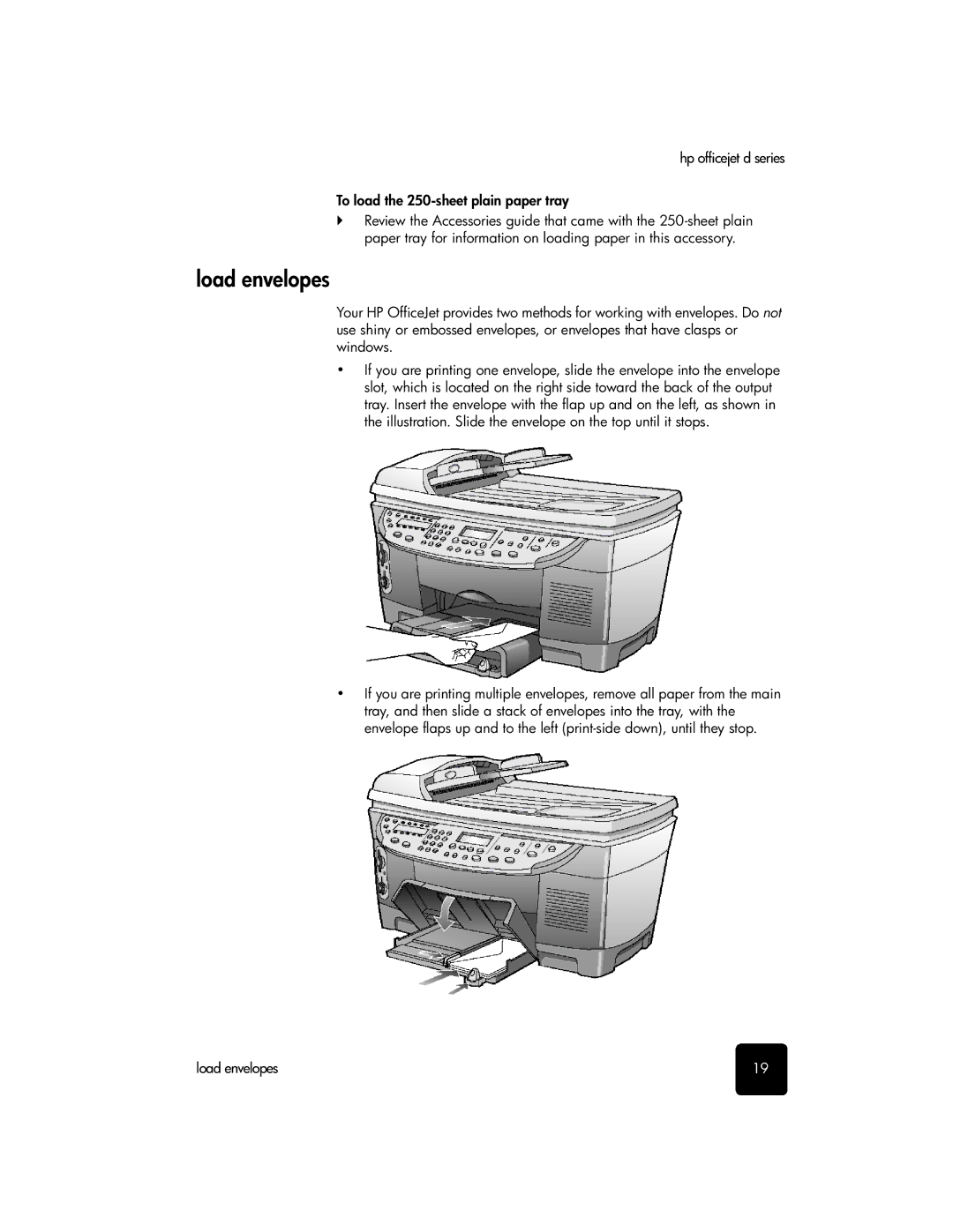 HP d135xi, d155xi, d145 manual Load envelopes, Hp officejet d series To load the 250-sheet plain paper tray 