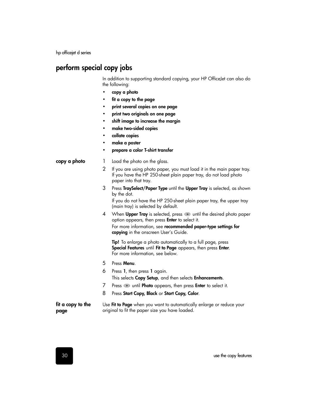 HP d155xi, d145 Perform special copy jobs, Copy a photo, Fit a copy to, Load the photo on the glass, Paper into that tray 