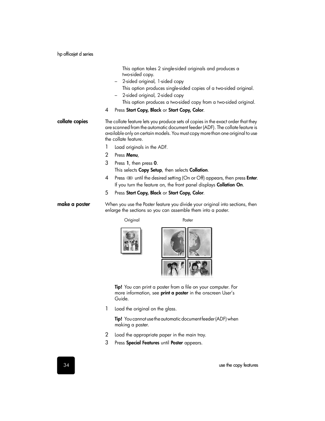 HP d135xi, d155xi, d145 manual Collate copies, Make a poster, Enlarge the sections so you can assemble them into a poster 