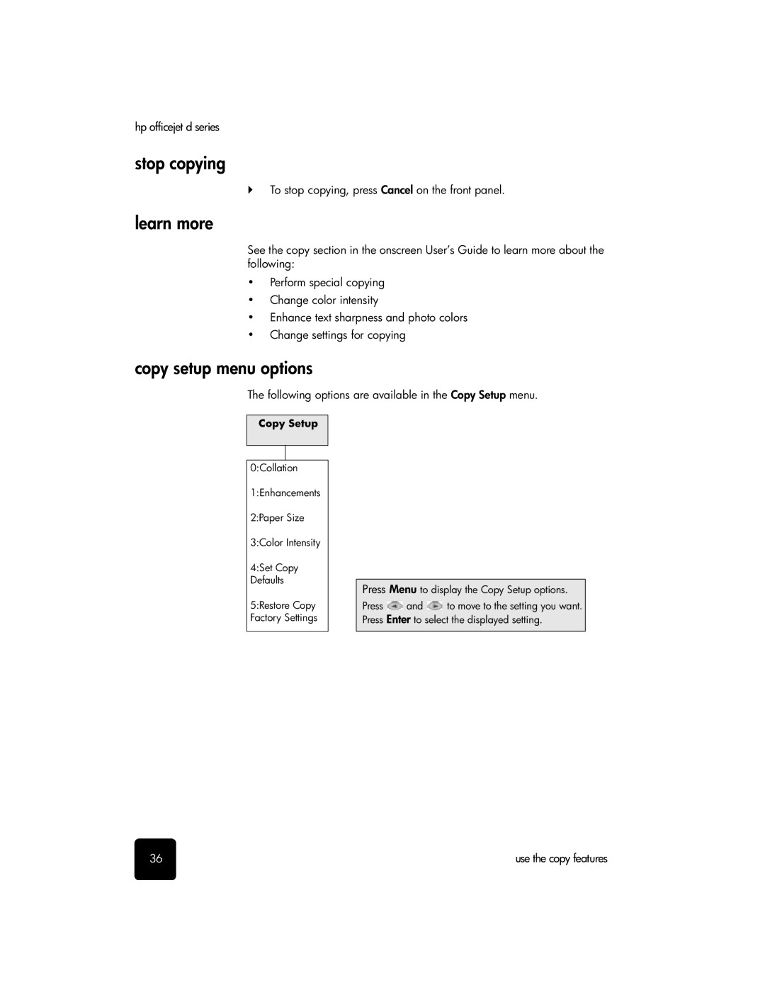 HP d155xi, d135xi, d145 manual Stop copying, Copy setup menu options, To stop copying, press Cancel on the front panel 