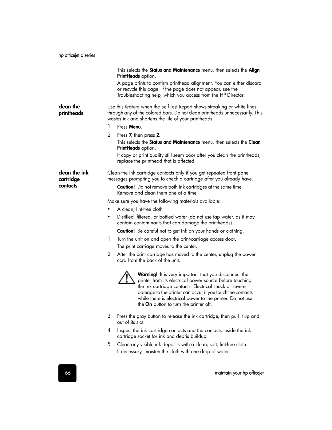 HP d155xi, d135xi, d145 manual Clean the printheads Clean the ink cartridge contacts, Hp officejet d series 