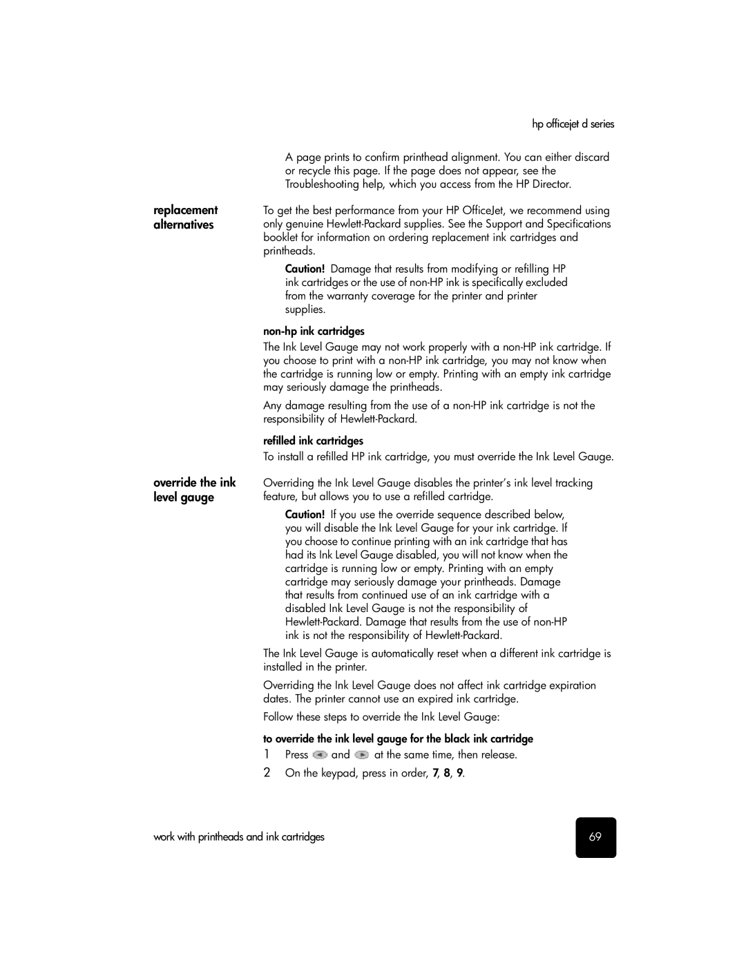 HP d155xi, d135xi, d145 manual Replacement alternatives Override the ink level gauge 