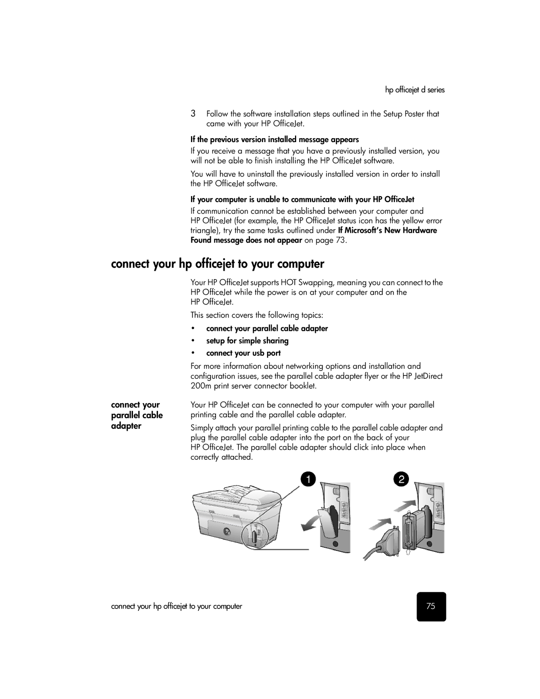 HP d155xi, d135xi, d145 manual Connect your hp officejet to your computer, Connect your parallel cable adapter 