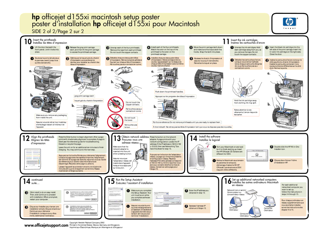 HP d155xi manual Side 2 of 2/Page 2 sur, Insert the printheads, Run the Setup Assistant, Suite… 