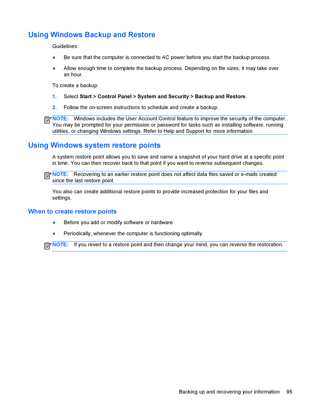 HP 2000, D1E80UA manual Using Windows Backup and Restore, Using Windows system restore points 