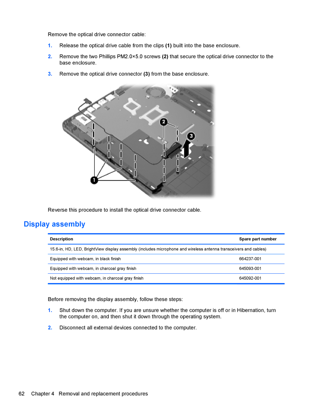 HP D1E80UA, 2000 manual Display assembly, DescriptionSpare part number 