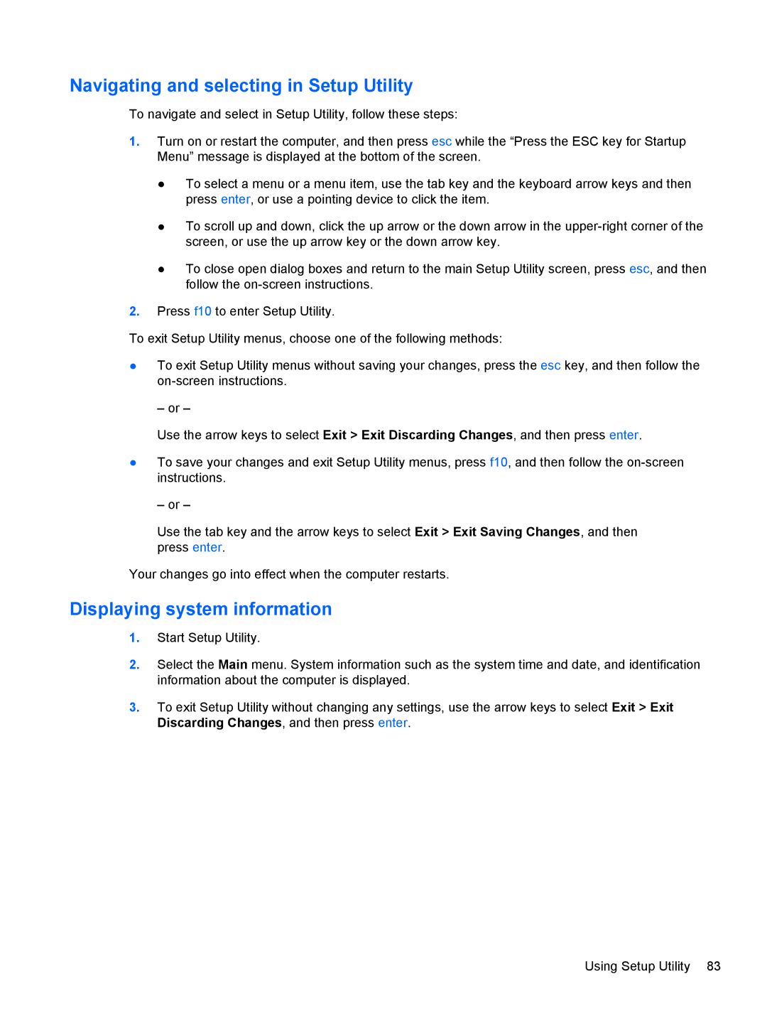 HP 2000, D1E80UA manual Navigating and selecting in Setup Utility, Displaying system information 