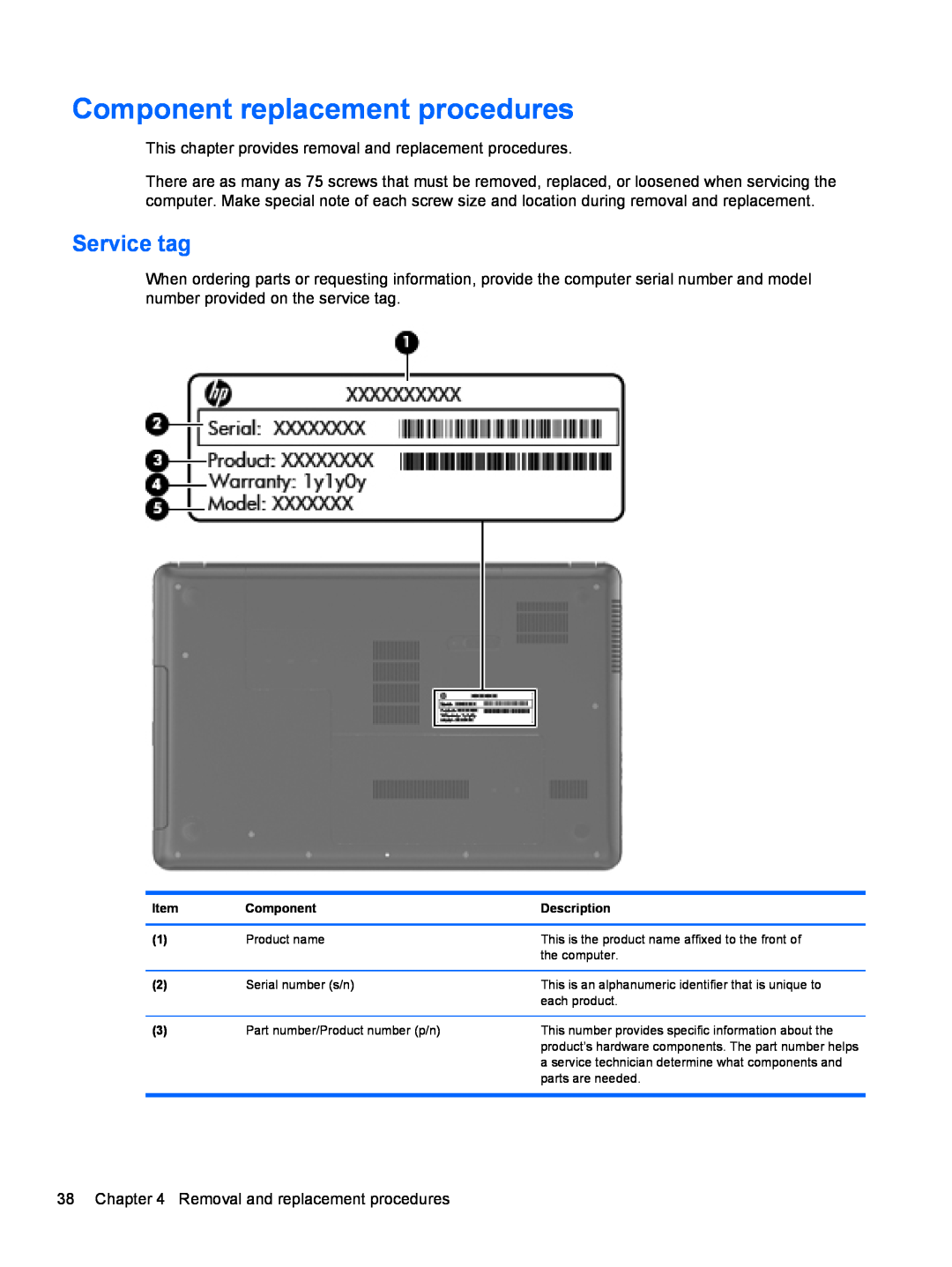 HP D1E80UA, 2000 manual Component replacement procedures, Service tag 