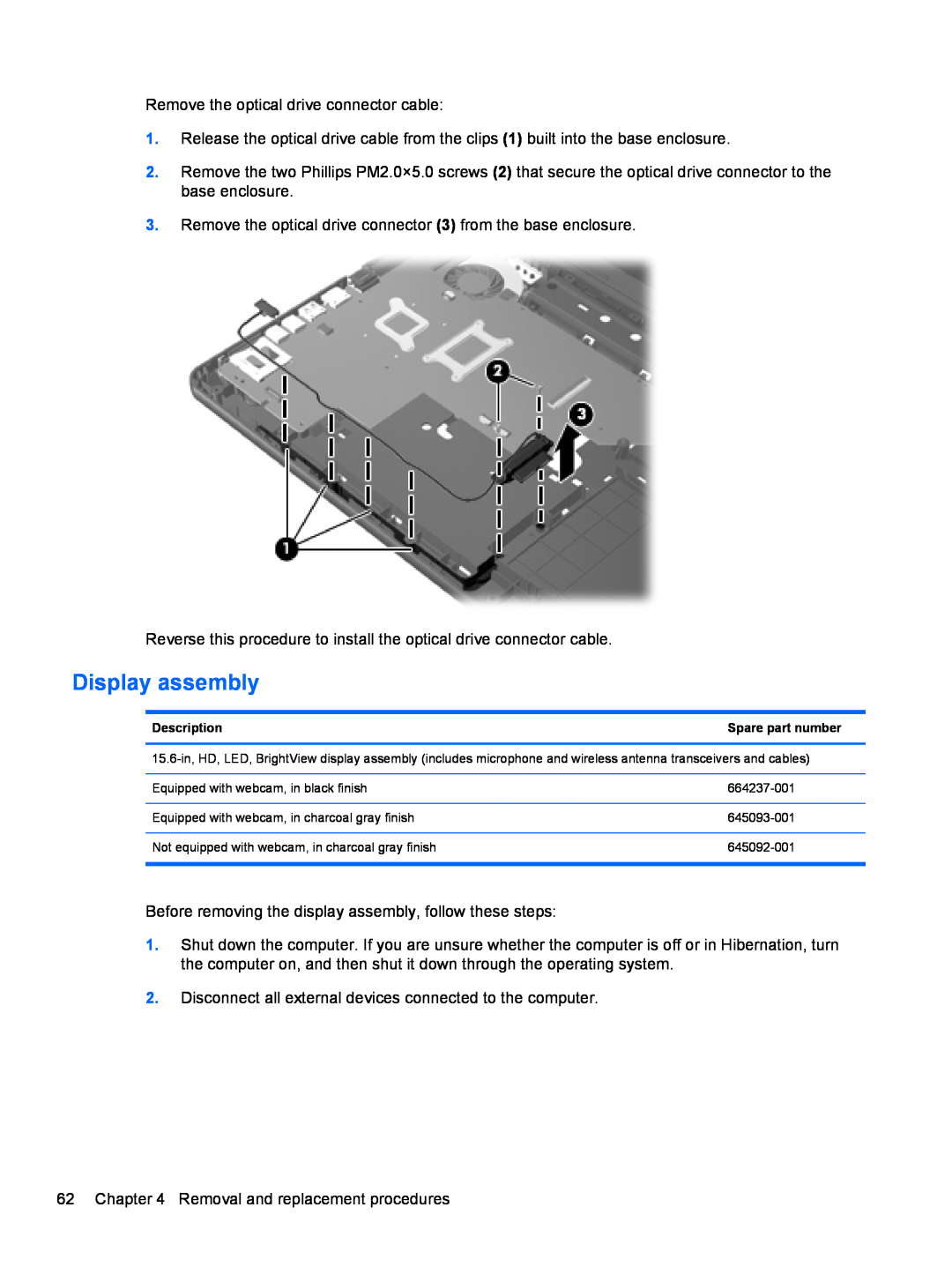 HP D1E80UA, 2000 manual Display assembly, DescriptionSpare part number 