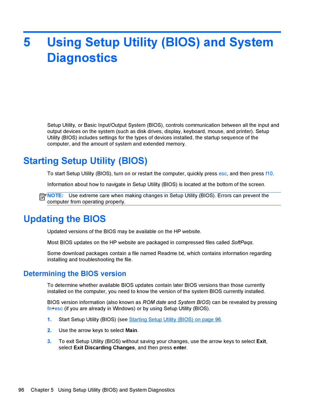 HP C2N25UA, D1E81UA manual Using Setup Utility Bios and System Diagnostics, Starting Setup Utility Bios, Updating the Bios 