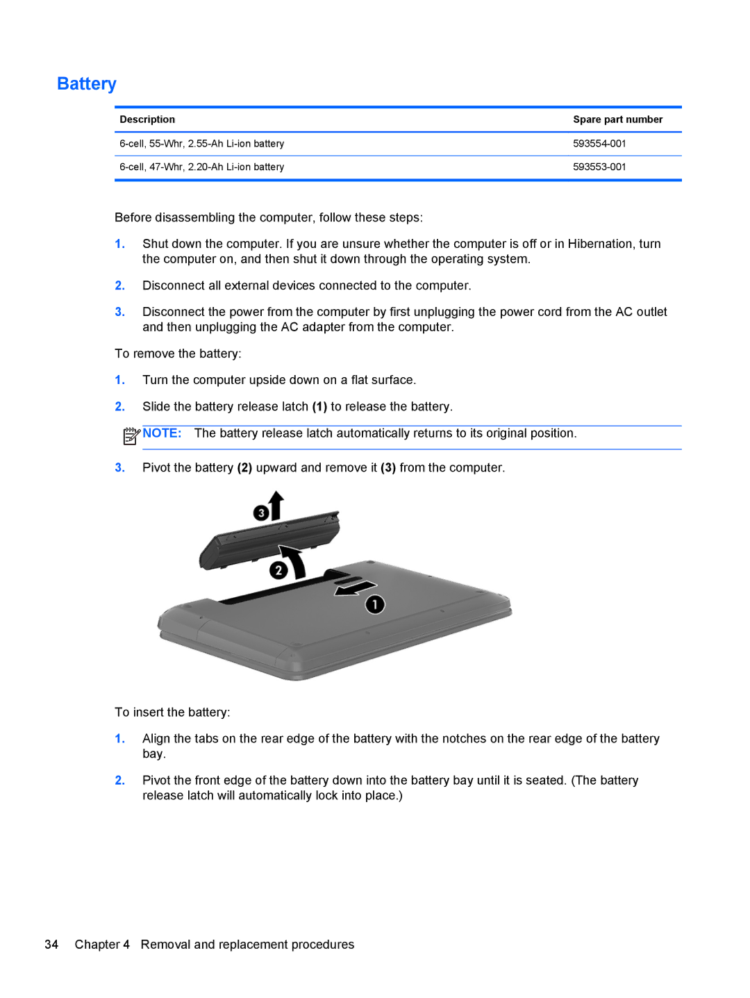 HP C2N25UA, D1E81UA manual Battery, Description Spare part number 