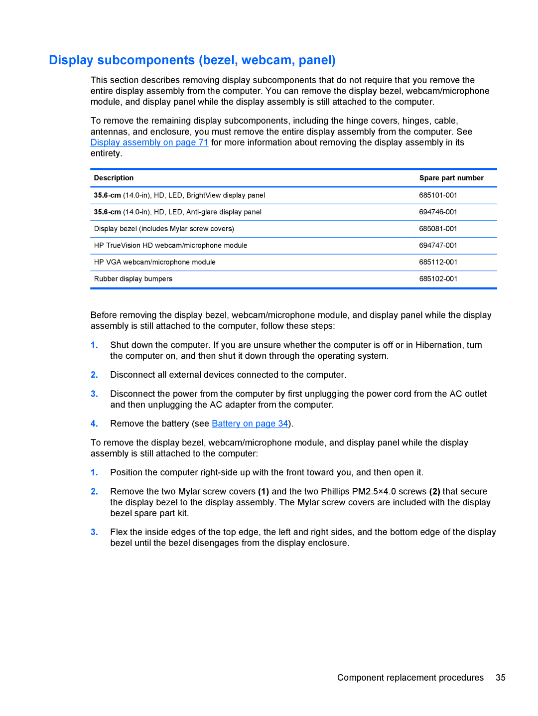 HP D1E81UA, C2N25UA manual Display subcomponents bezel, webcam, panel 