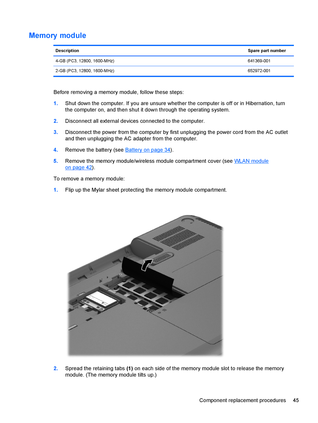 HP D1E81UA, C2N25UA manual Memory module, Description Spare part number 