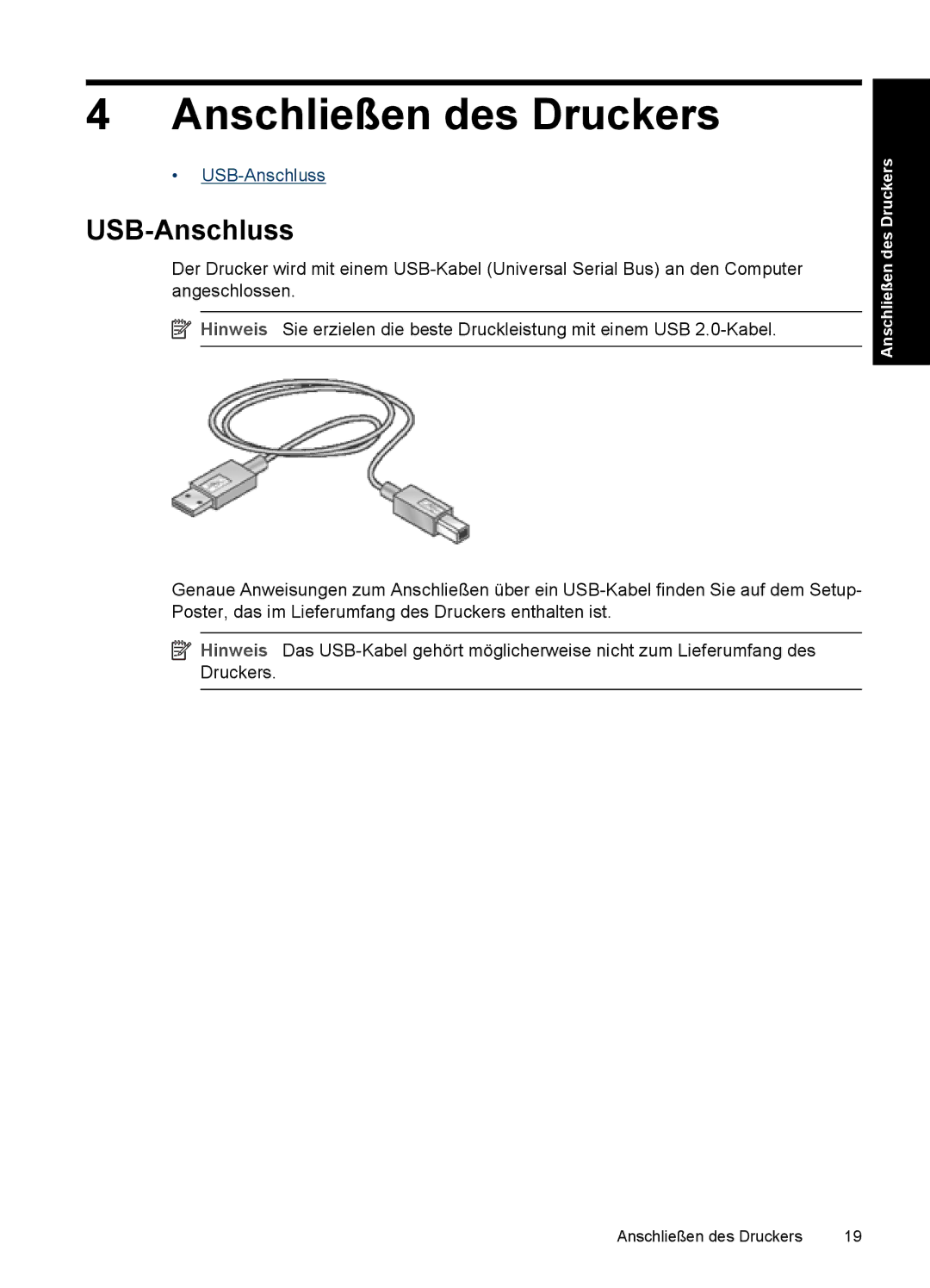 HP D2400 manual Anschließen des Druckers, USB-Anschluss 