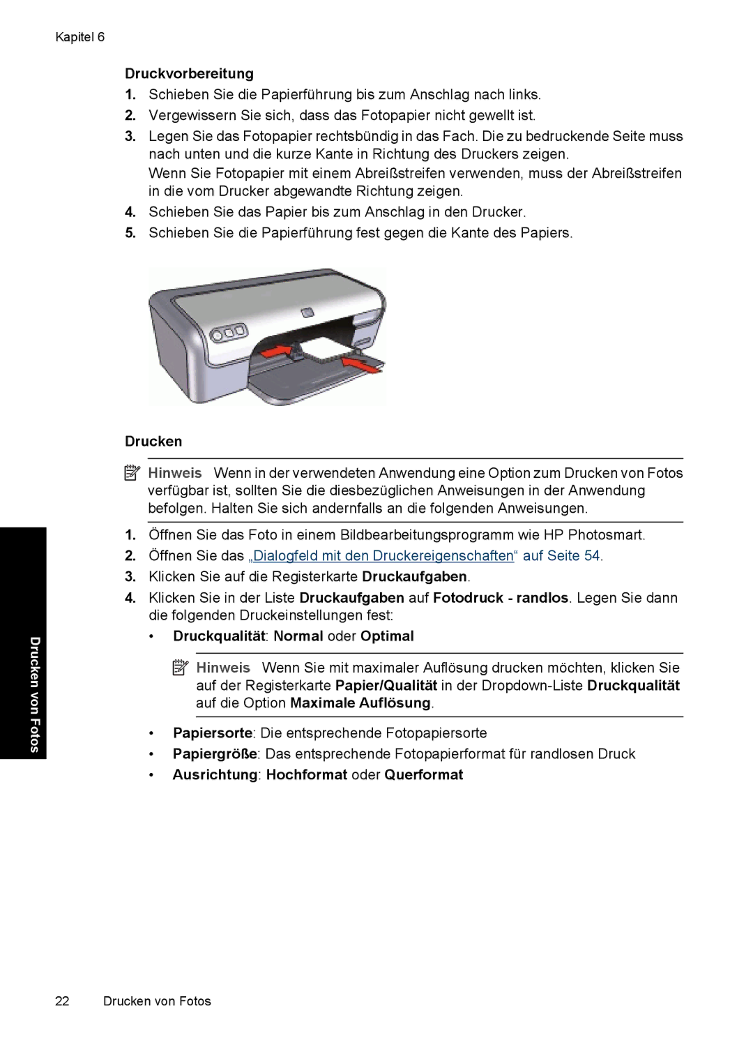 HP D2400 manual Druckvorbereitung, Drucken, Druckqualität Normal oder Optimal, Ausrichtung Hochformat oder Querformat 