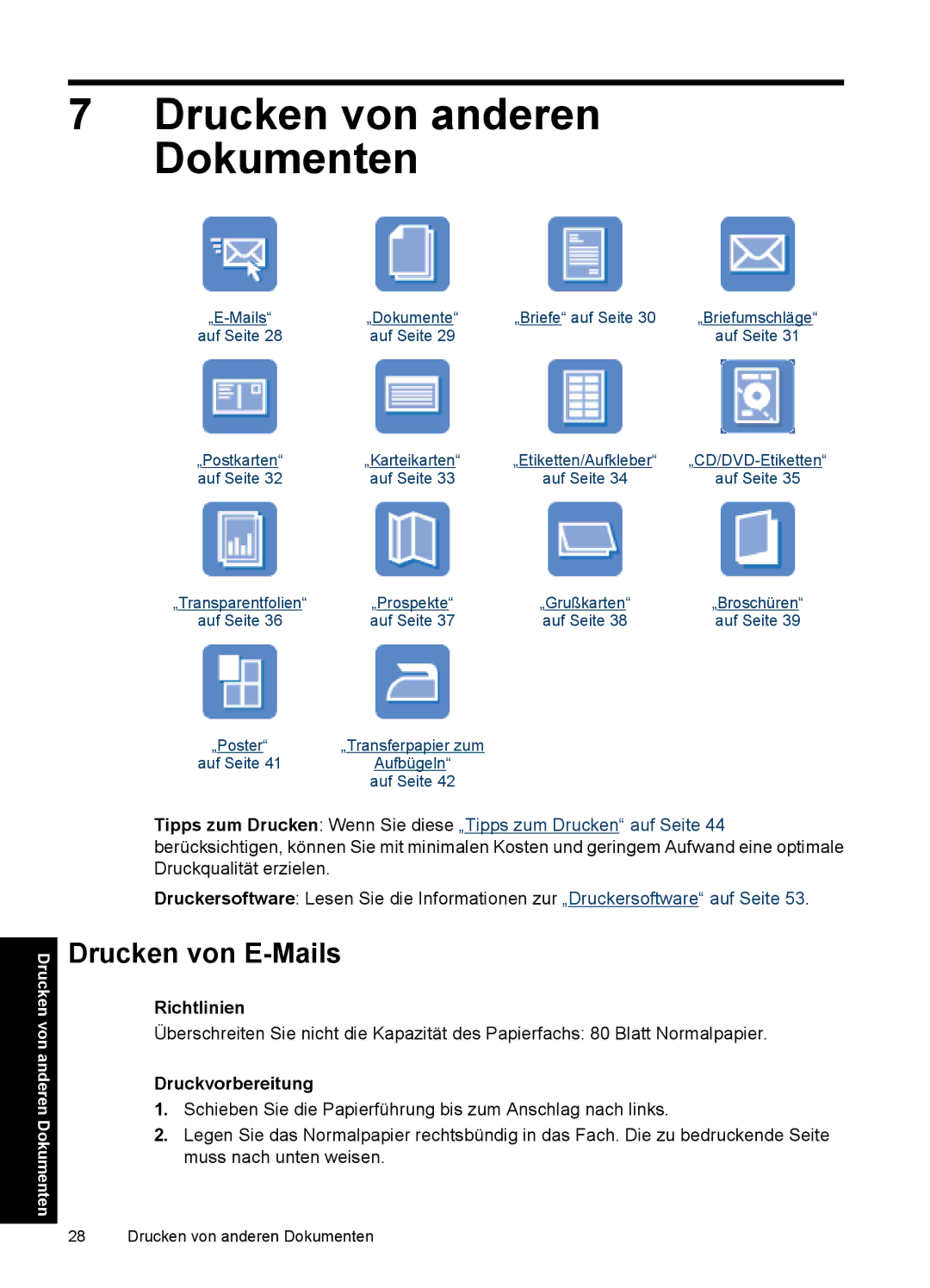 HP D2400 manual Drucken von anderen Dokumenten, Drucken von E-Mails 