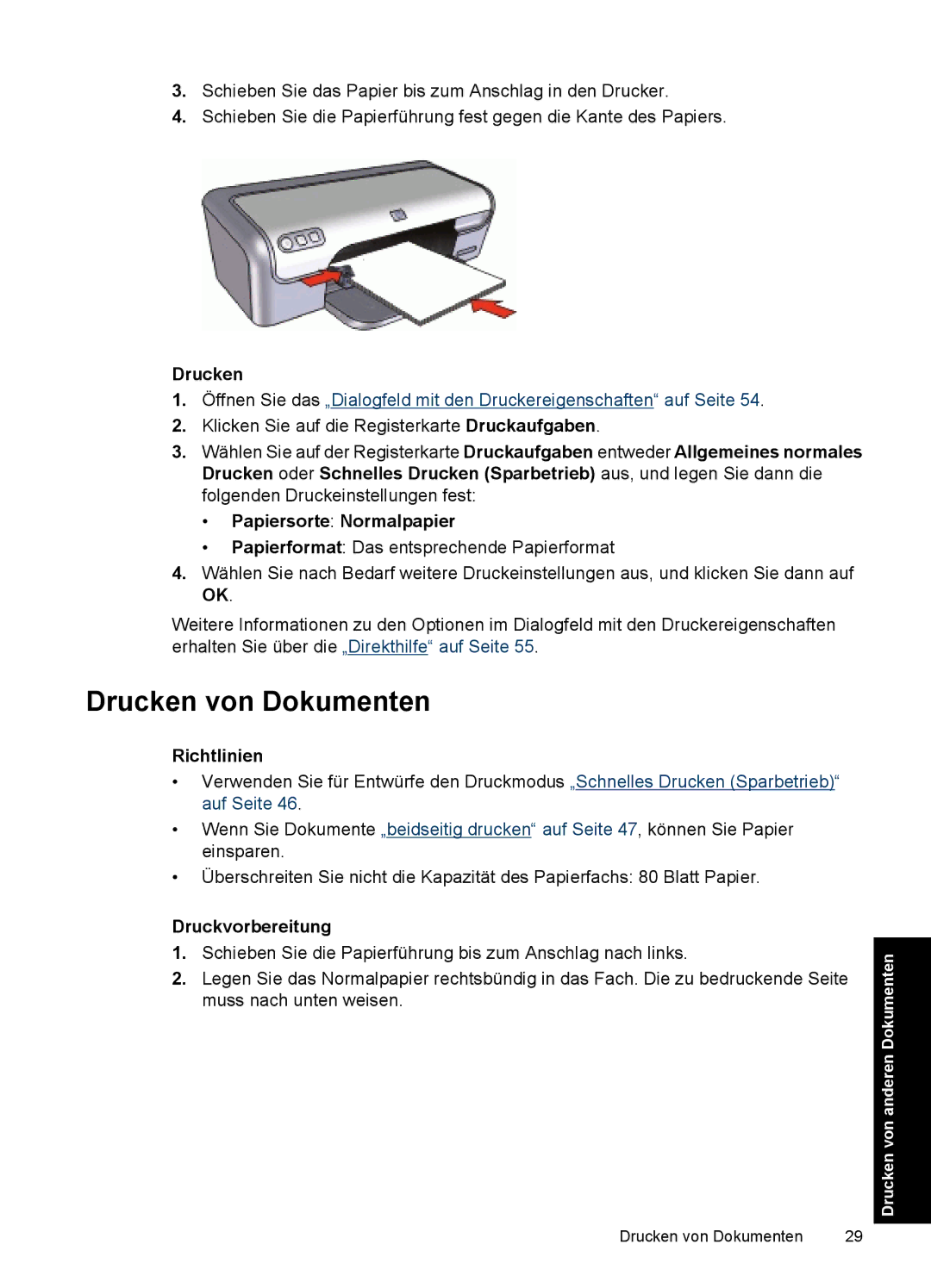 HP D2400 manual Drucken von Dokumenten, Papiersorte Normalpapier 