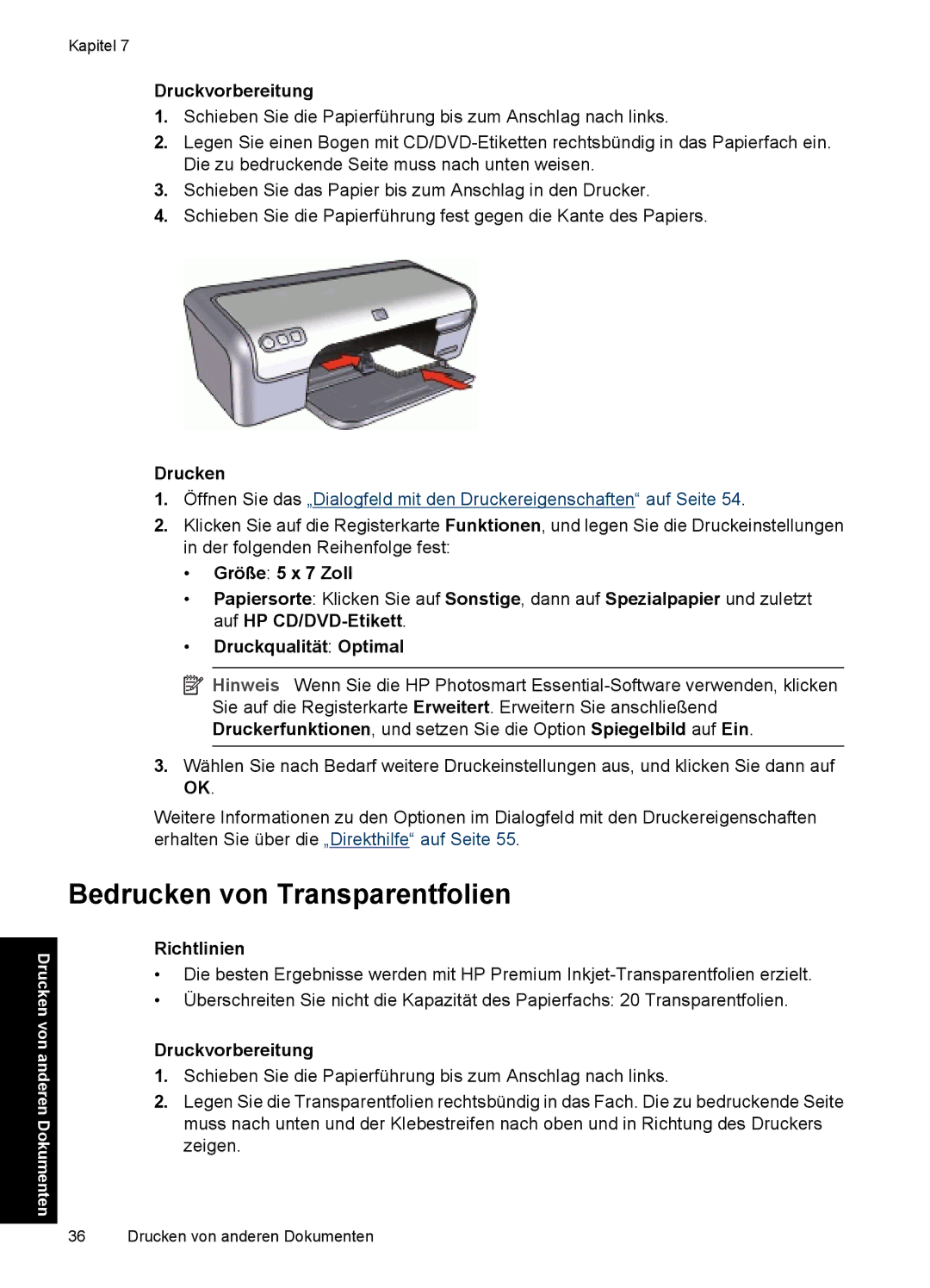 HP D2400 manual Bedrucken von Transparentfolien, Größe 5 x 7 Zoll, Druckqualität Optimal 