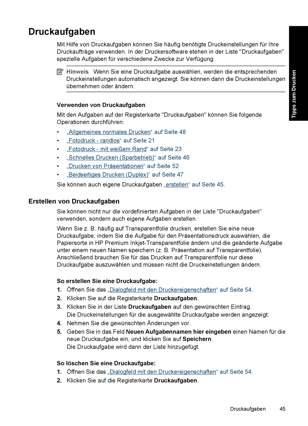 HP D2400 manual Erstellen von Druckaufgaben, Verwenden von Druckaufgaben, So erstellen Sie eine Druckaufgabe 