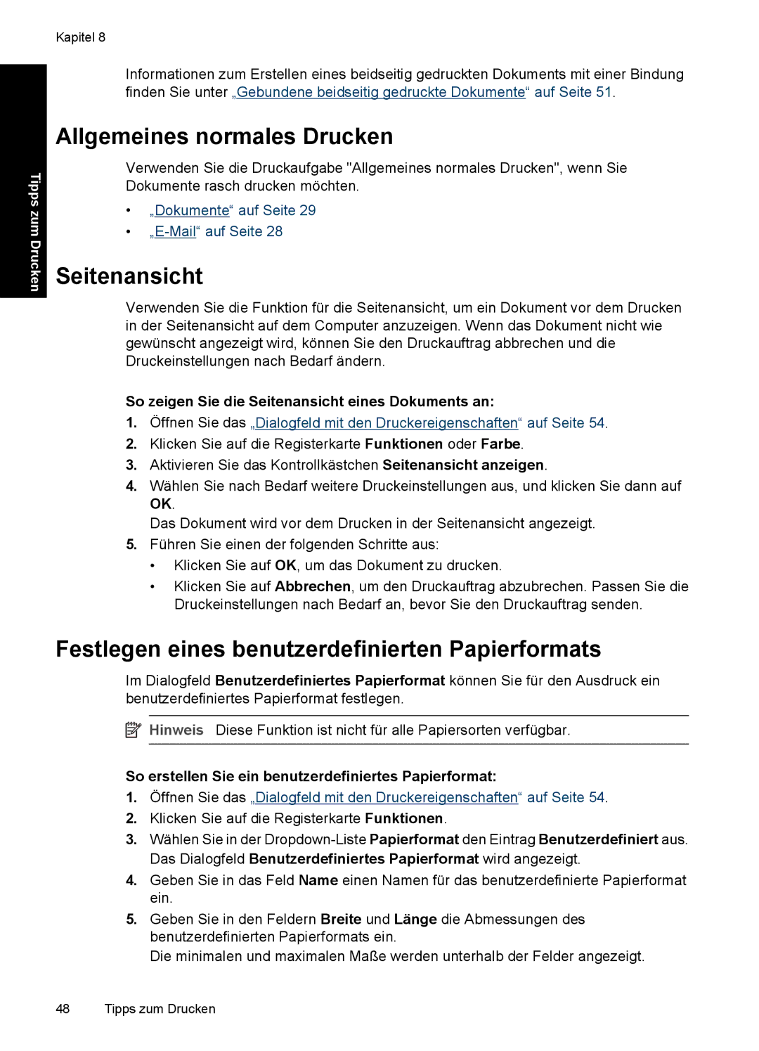 HP D2400 manual Allgemeines normales Drucken, Seitenansicht, Festlegen eines benutzerdefinierten Papierformats 