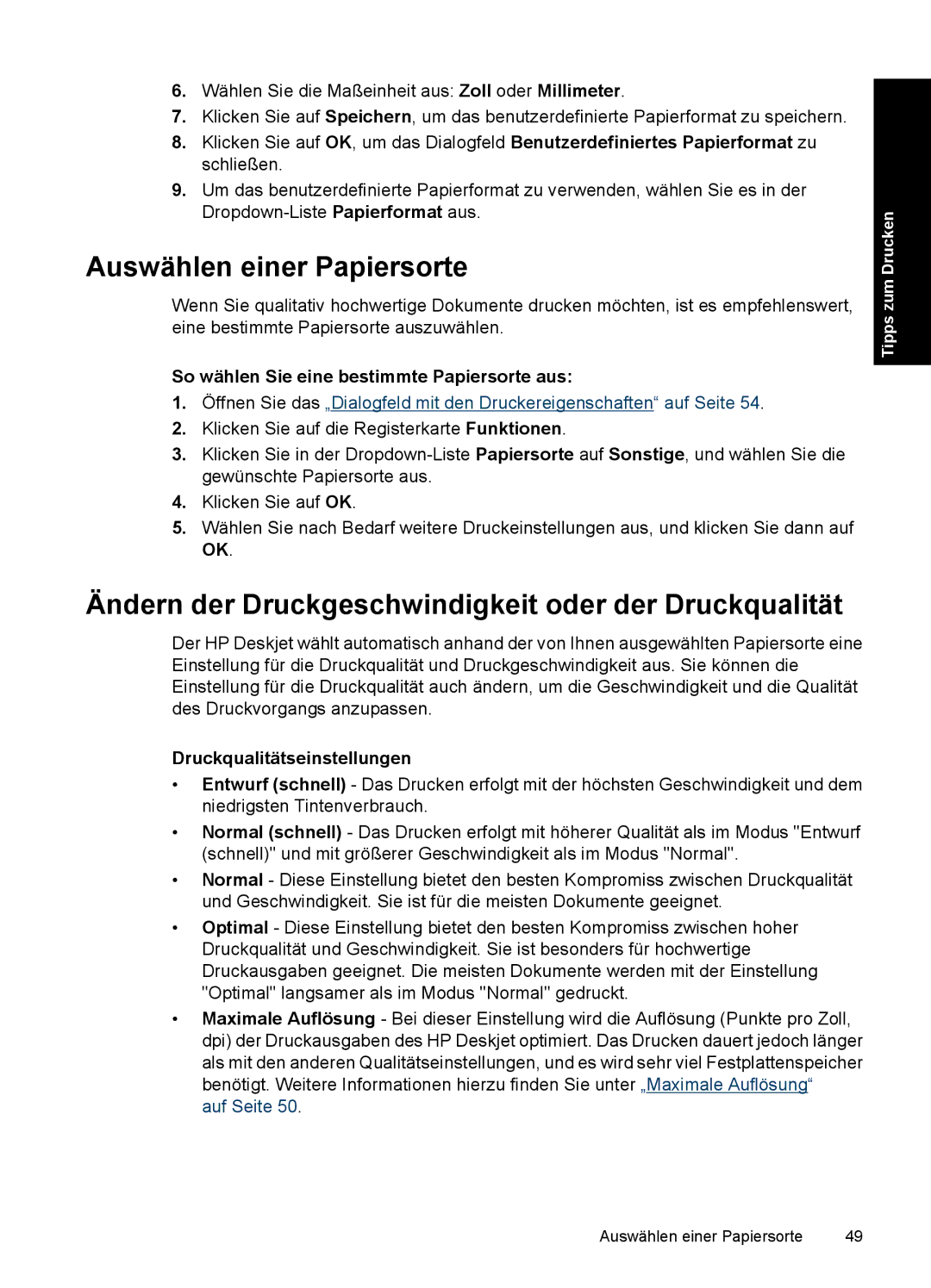 HP D2400 Auswählen einer Papiersorte, Ändern der Druckgeschwindigkeit oder der Druckqualität, Druckqualitätseinstellungen 