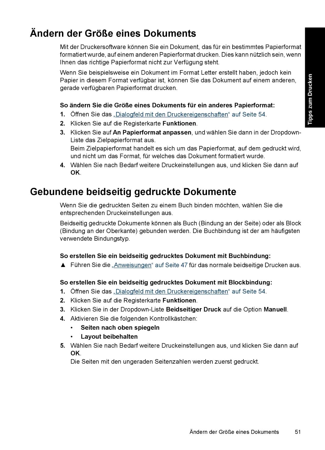 HP D2400 manual Ändern der Größe eines Dokuments, Gebundene beidseitig gedruckte Dokumente 