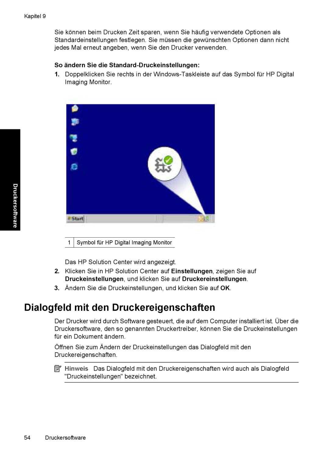 HP D2400 manual Dialogfeld mit den Druckereigenschaften, So ändern Sie die Standard-Druckeinstellungen 