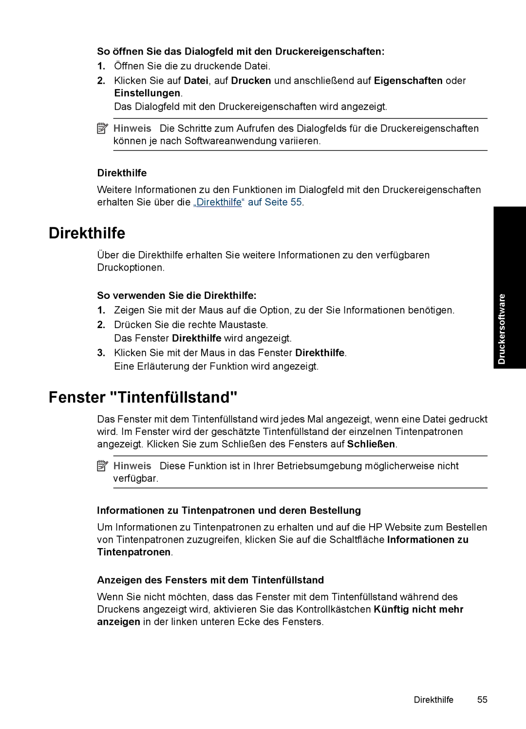 HP D2400 manual Direkthilfe, Fenster Tintenfüllstand 