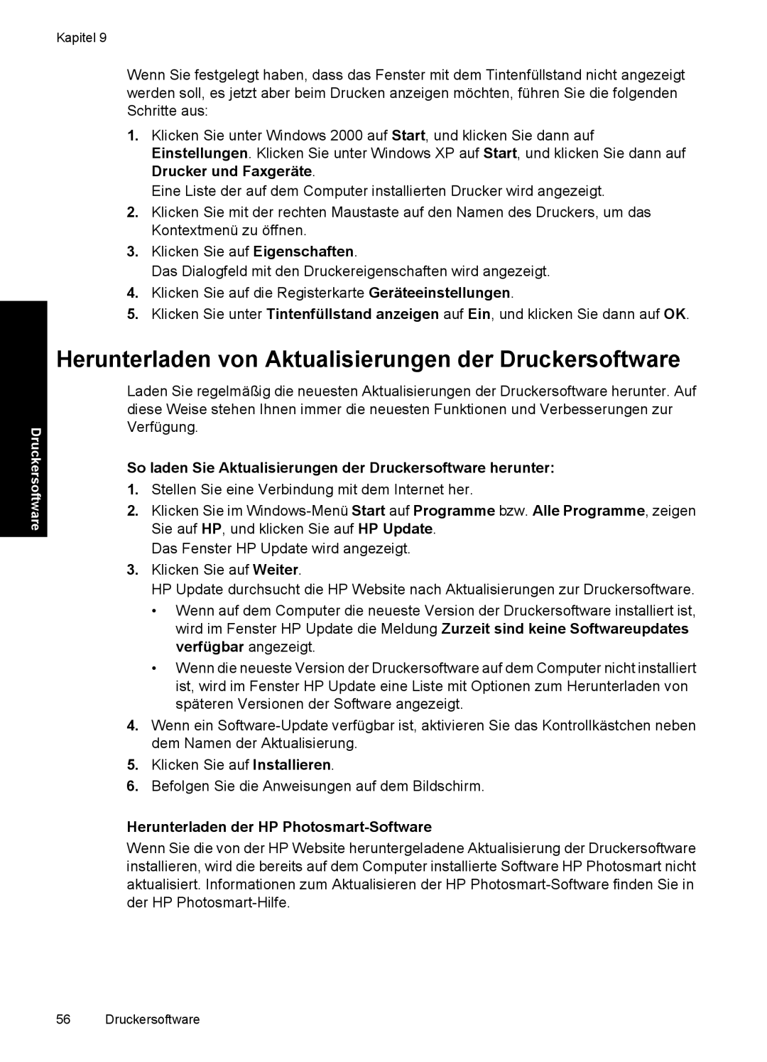 HP D2400 manual Herunterladen von Aktualisierungen der Druckersoftware, Herunterladen der HP Photosmart-Software 