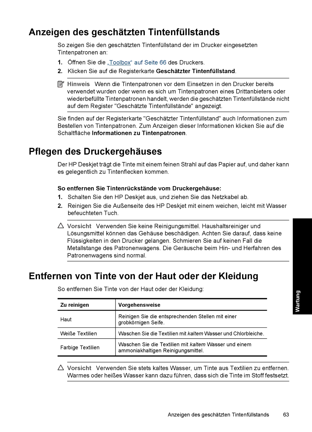 HP D2400 manual Anzeigen des geschätzten Tintenfüllstands, Pflegen des Druckergehäuses 