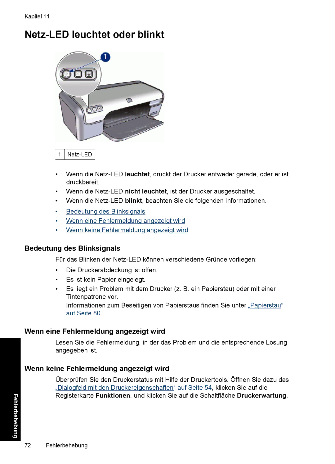 HP D2400 manual Netz-LED leuchtet oder blinkt, Bedeutung des Blinksignals, Wenn eine Fehlermeldung angezeigt wird 