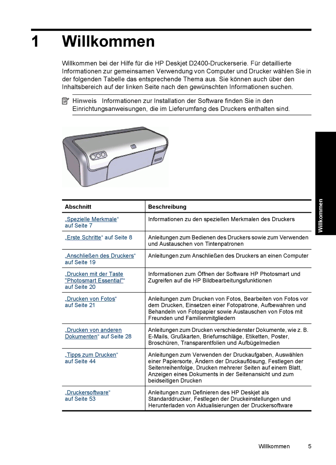 HP D2400 manual Willkommen, Abschnitt Beschreibung 