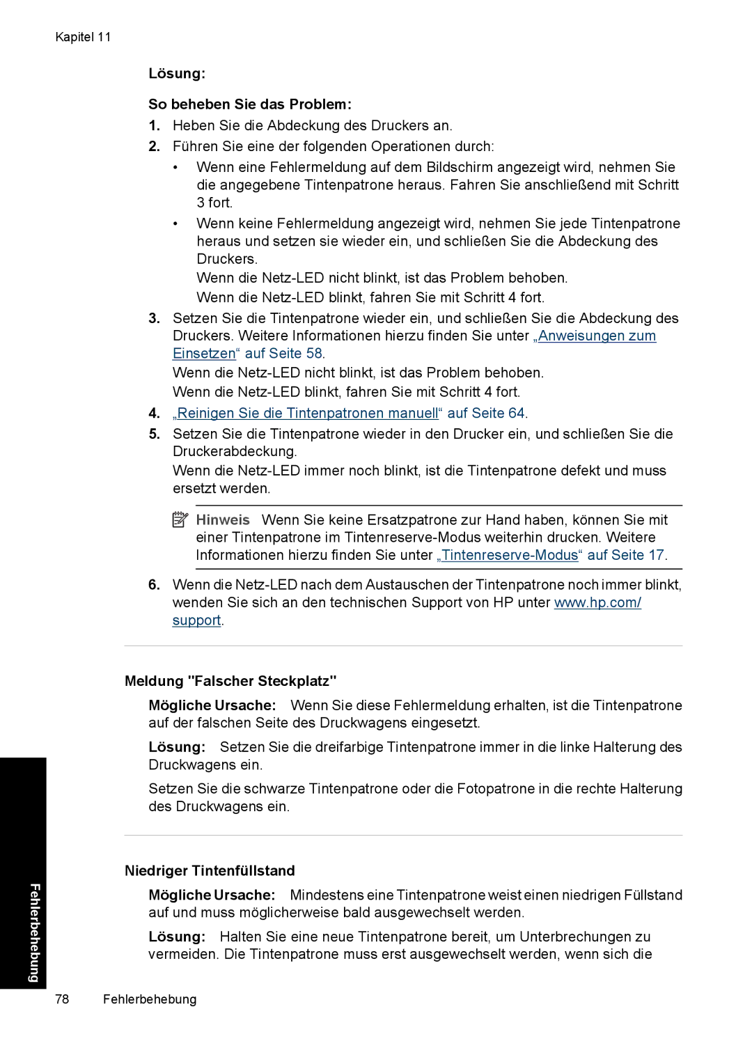 HP D2400 manual „Reinigen Sie die Tintenpatronen manuell auf Seite, Niedriger Tintenfüllstand 