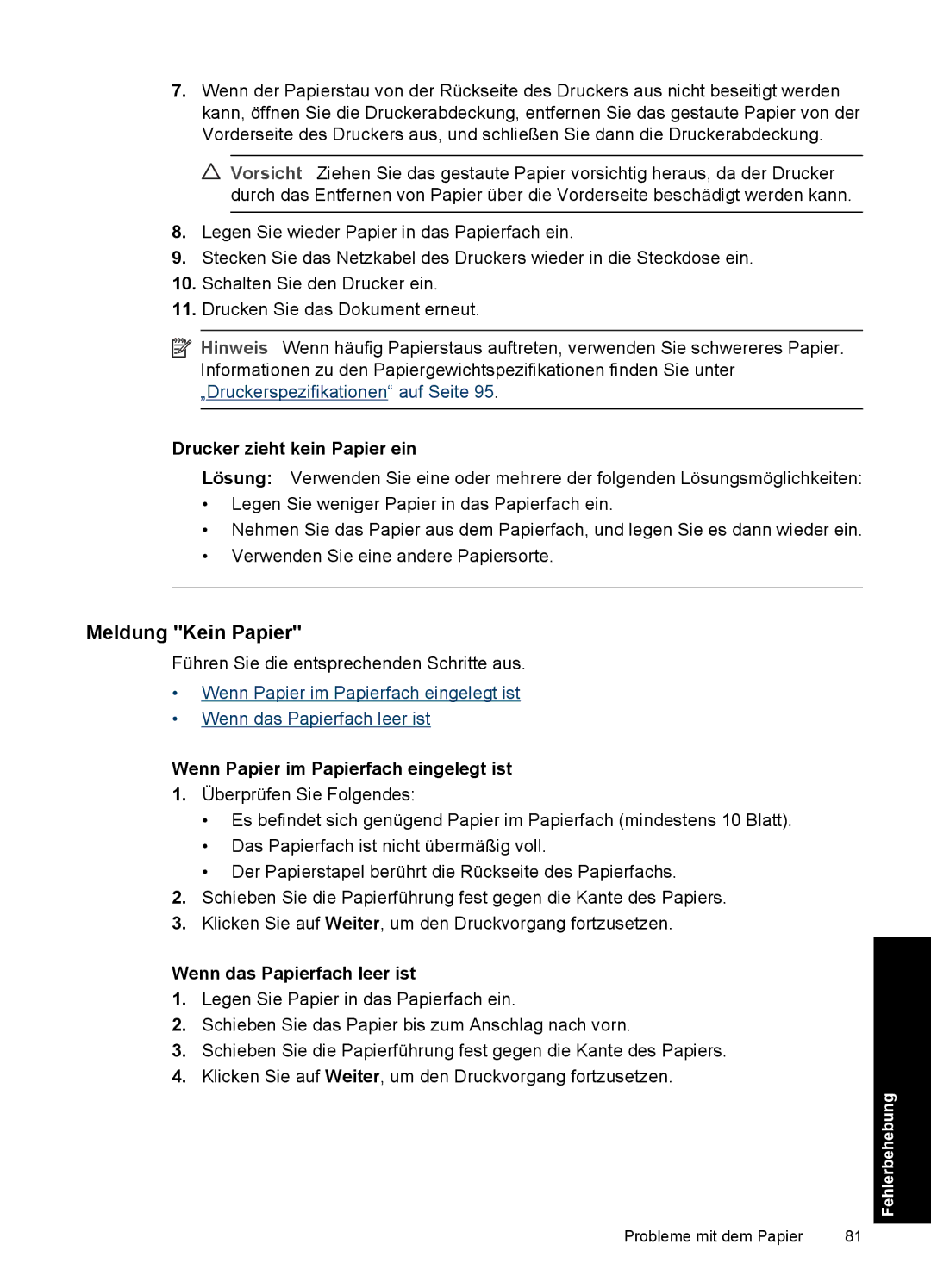 HP D2400 manual Meldung Kein Papier, Drucker zieht kein Papier ein, Wenn Papier im Papierfach eingelegt ist 