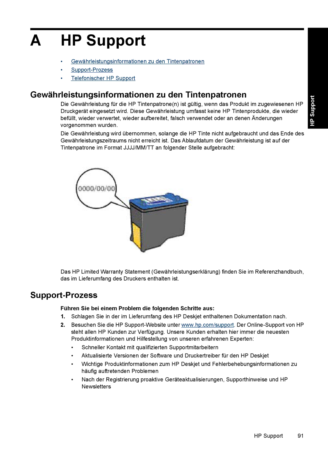 HP D2400 manual HP Support, Gewährleistungsinformationen zu den Tintenpatronen 