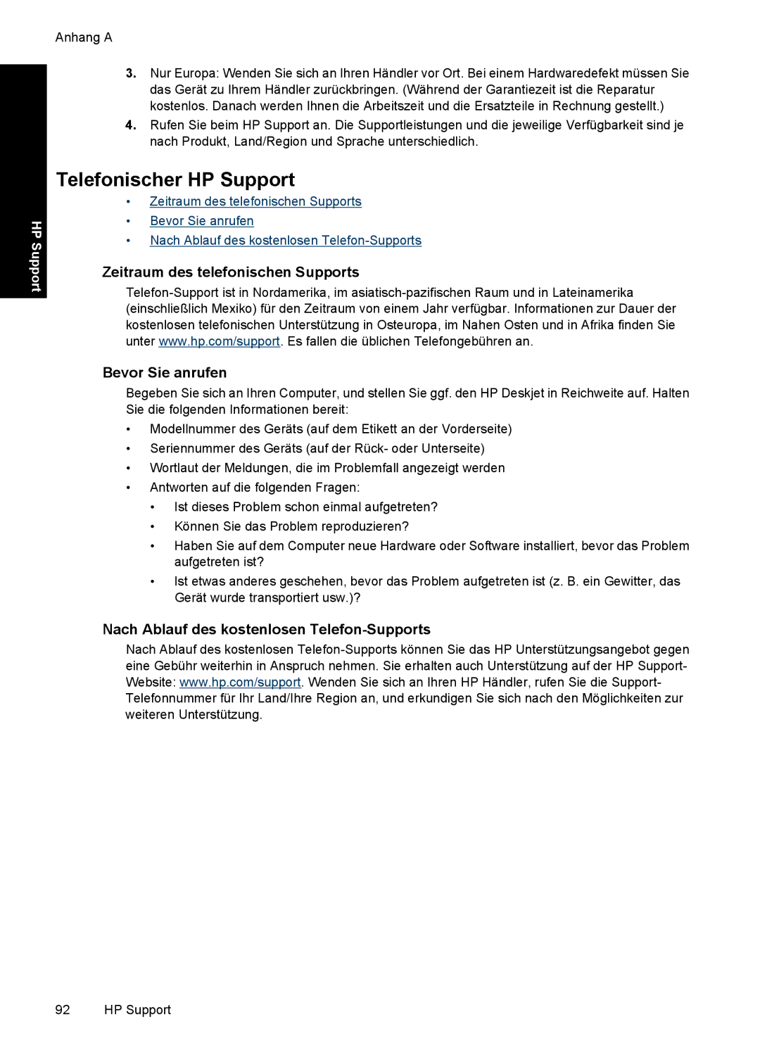 HP D2400 manual Zeitraum des telefonischen Supports Bevor Sie anrufen, Nach Ablauf des kostenlosen Telefon-Supports 