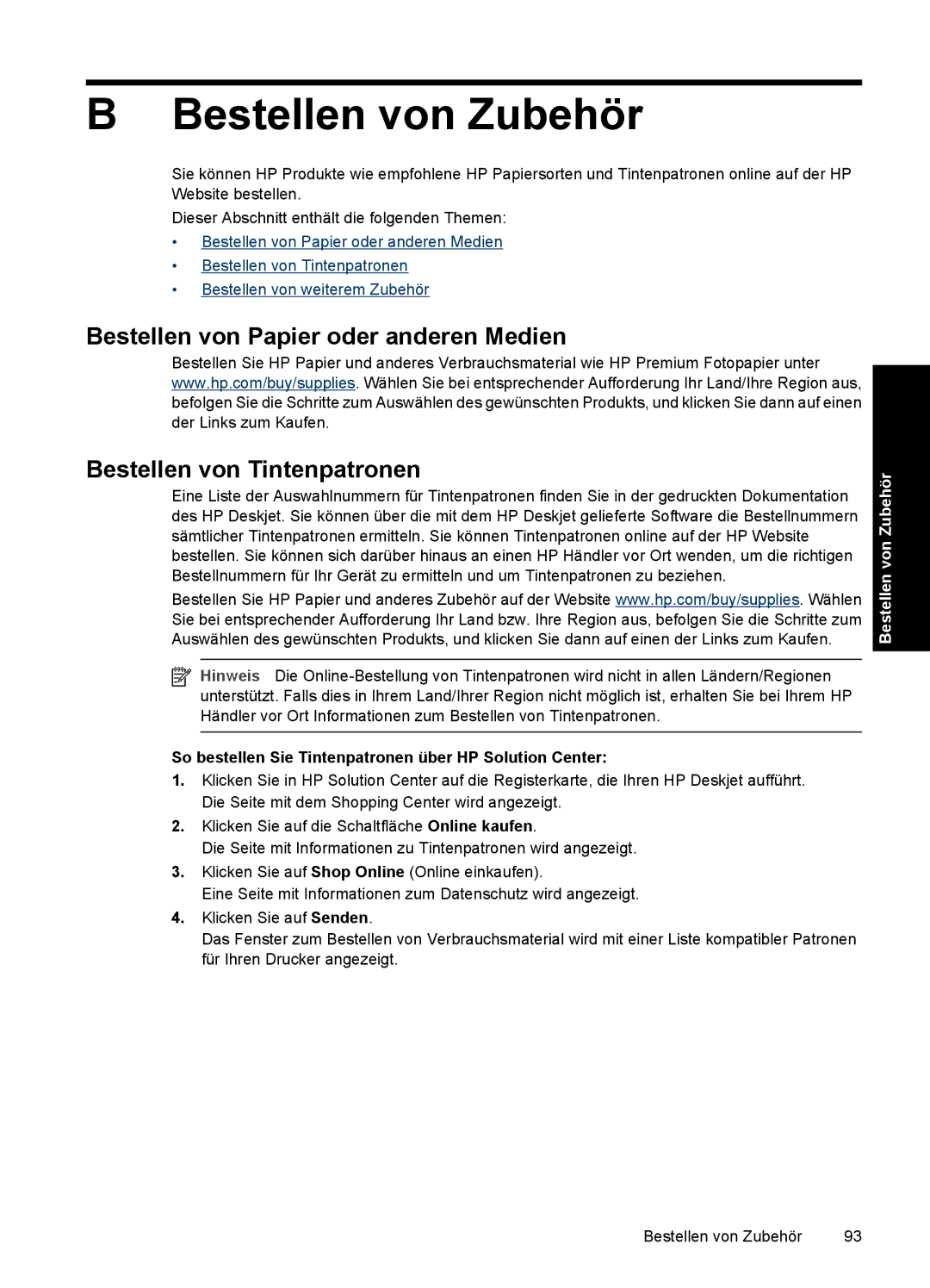 HP D2400 manual Bestellen von Zubehör, So bestellen Sie Tintenpatronen über HP Solution Center 