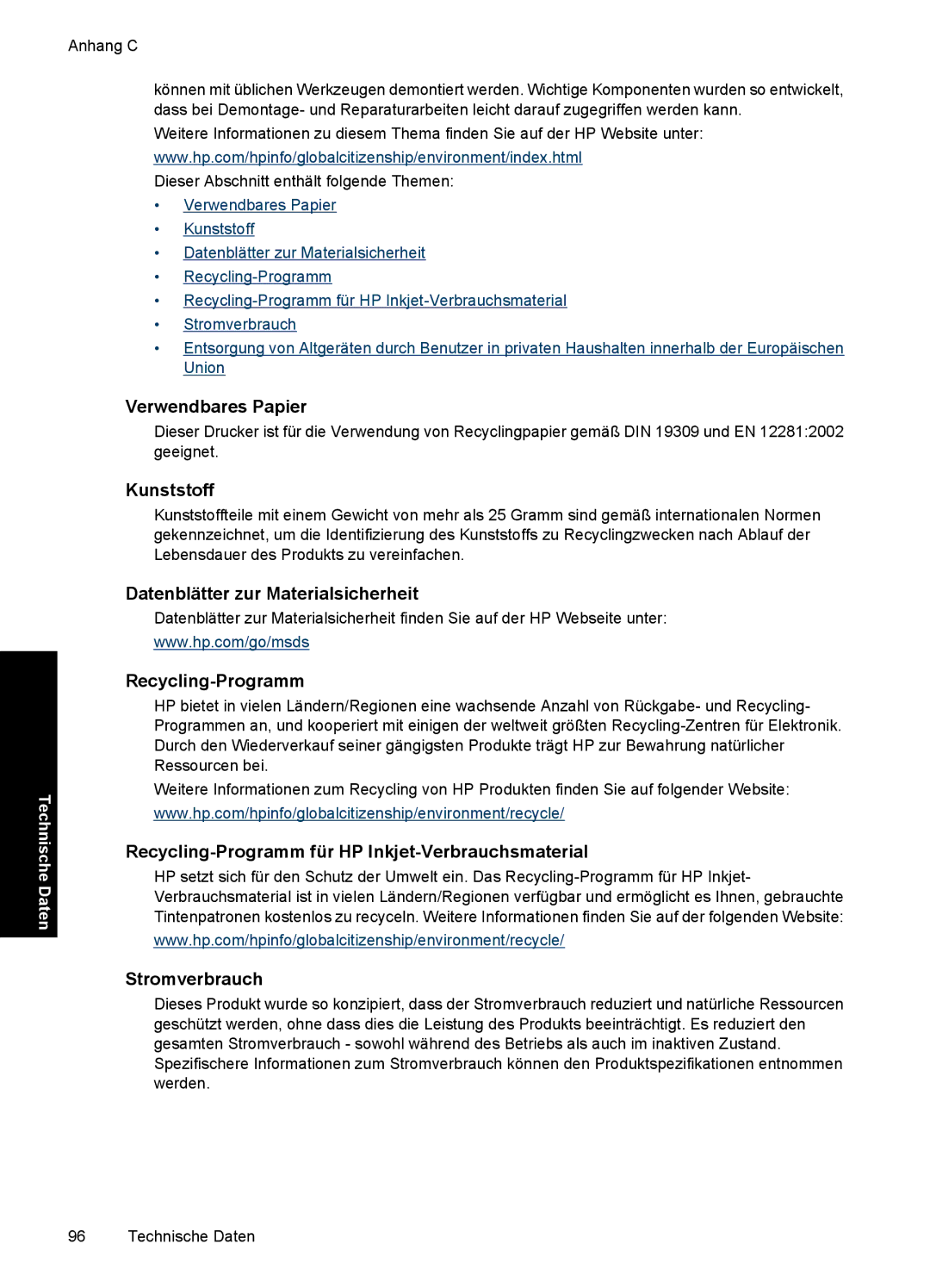 HP D2400 manual Verwendbares Papier, Kunststoff, Datenblätter zur Materialsicherheit, Recycling-Programm, Stromverbrauch 