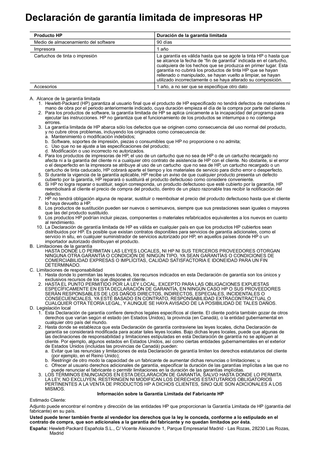 HP D2400 manual Declaración de garantía limitada de impresoras HP, Producto HP Duración de la garantía limitada 