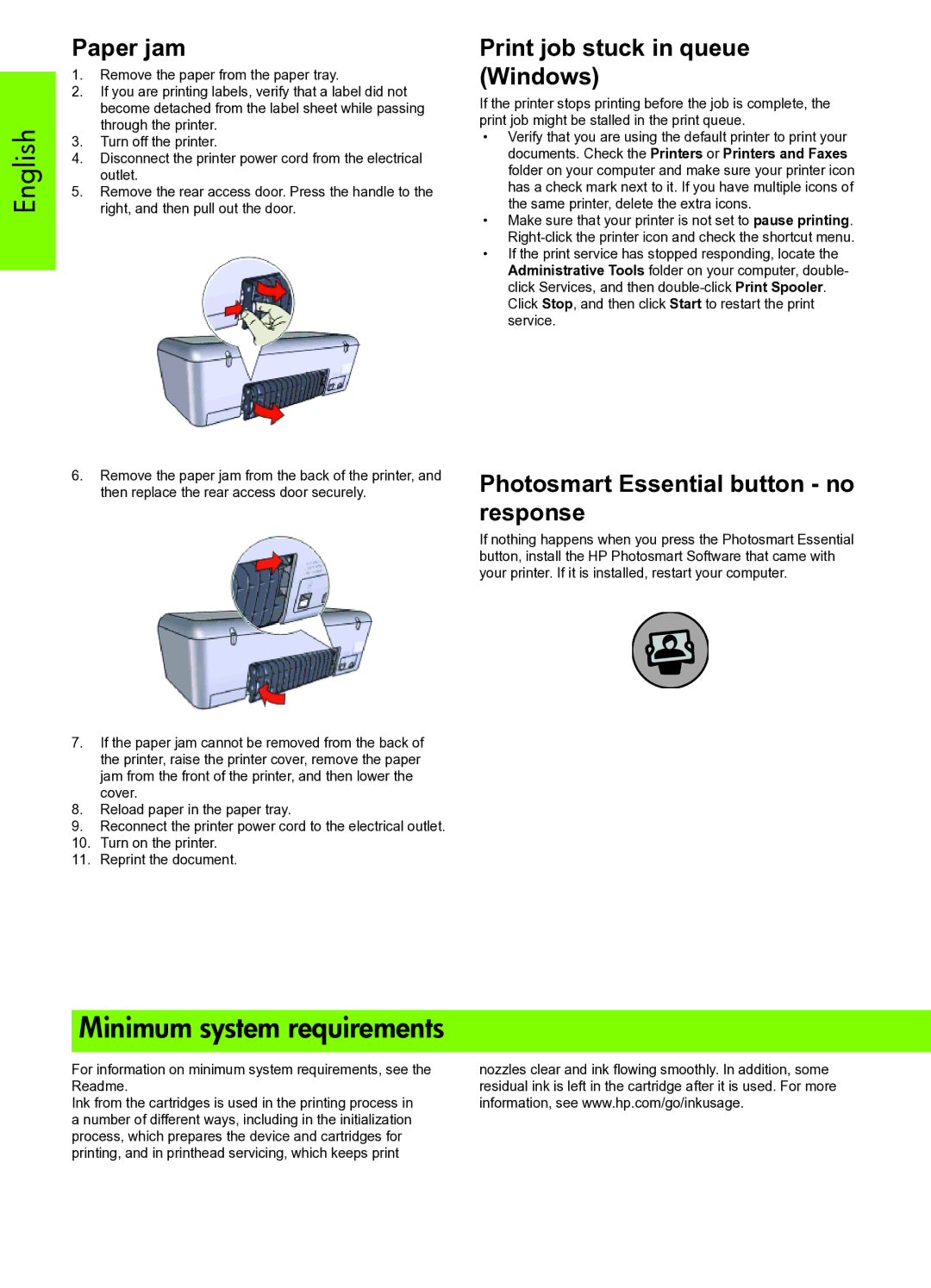 HP D2400 manual English, Minimum system requirements, Paper jam, Print job stuck in queue Windows 