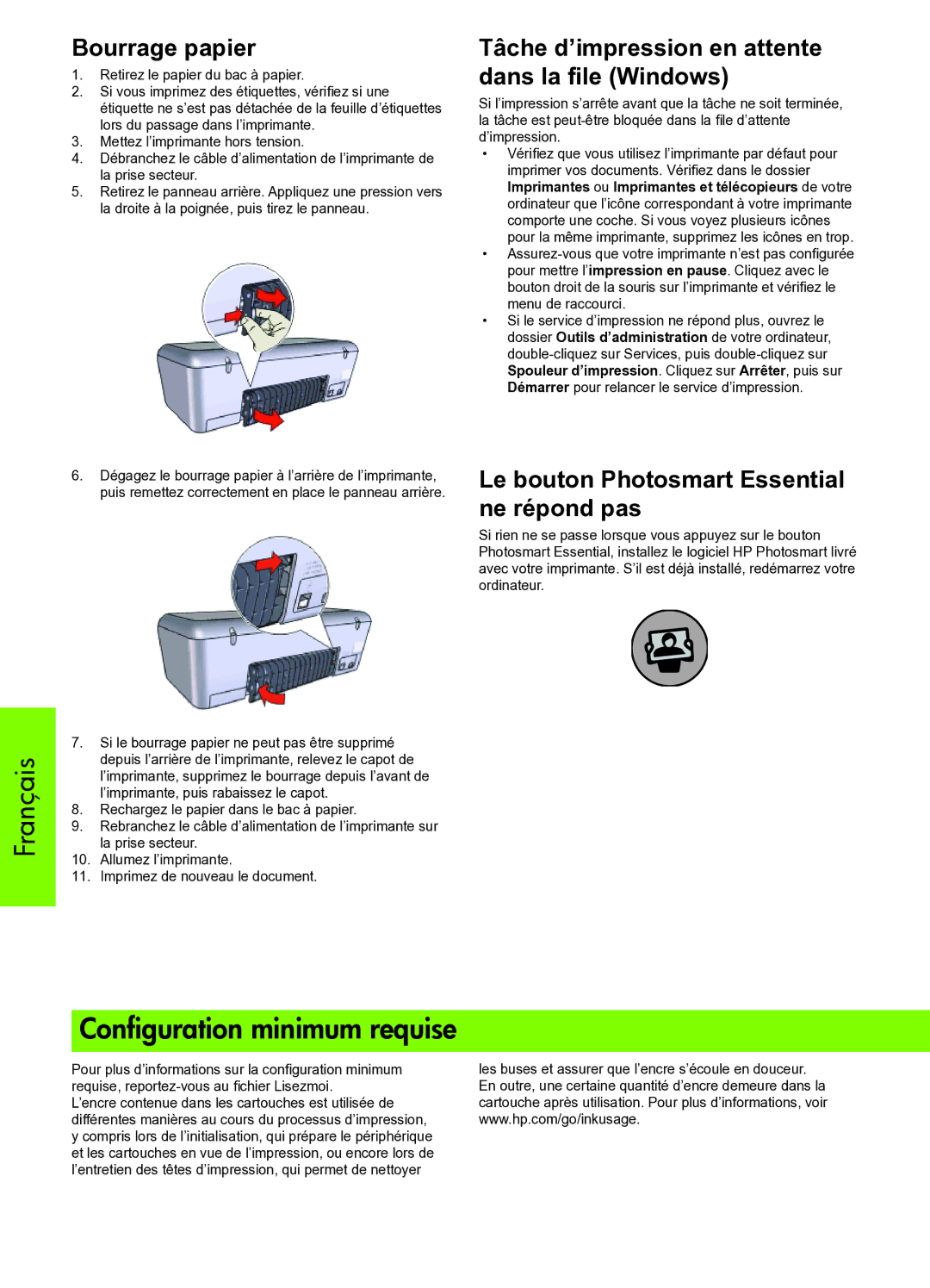 HP D2400 manual Conﬁguration minimum requise, Bourrage papier, Tâche d’impression en attente dans la file Windows 