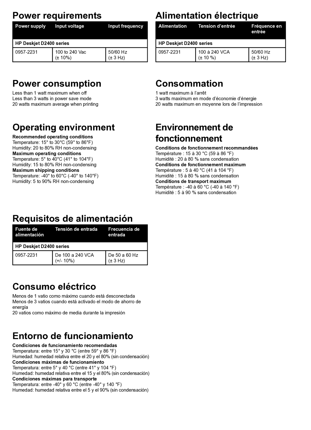 HP D2400 manual Power requirements, Alimentation électrique, Power consumption Consommation, Operating environment 