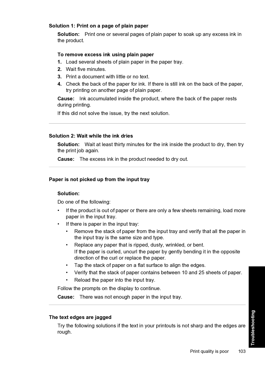 HP D2500 manual Solution 1 Print on a page of plain paper, To remove excess ink using plain paper, Text edges are jagged 