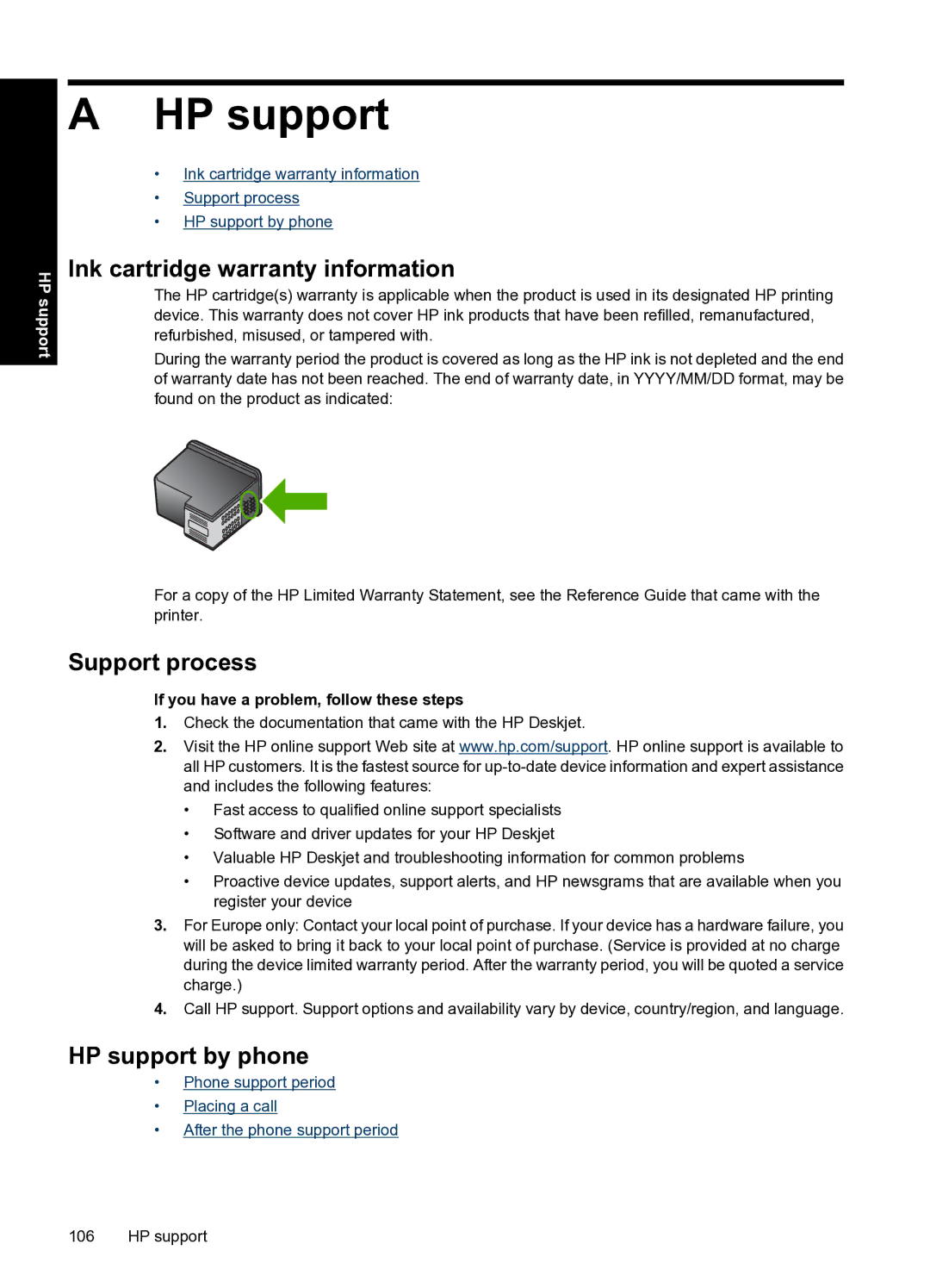 HP D2500 manual HP support, Ink cartridge warranty information 