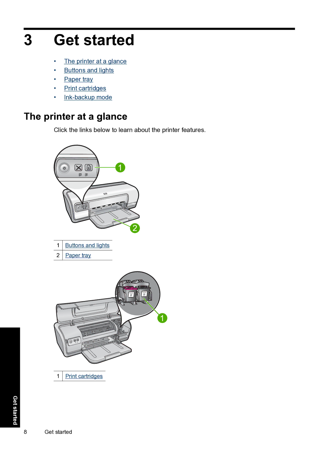 HP D2500 manual Get started, Printer at a glance 