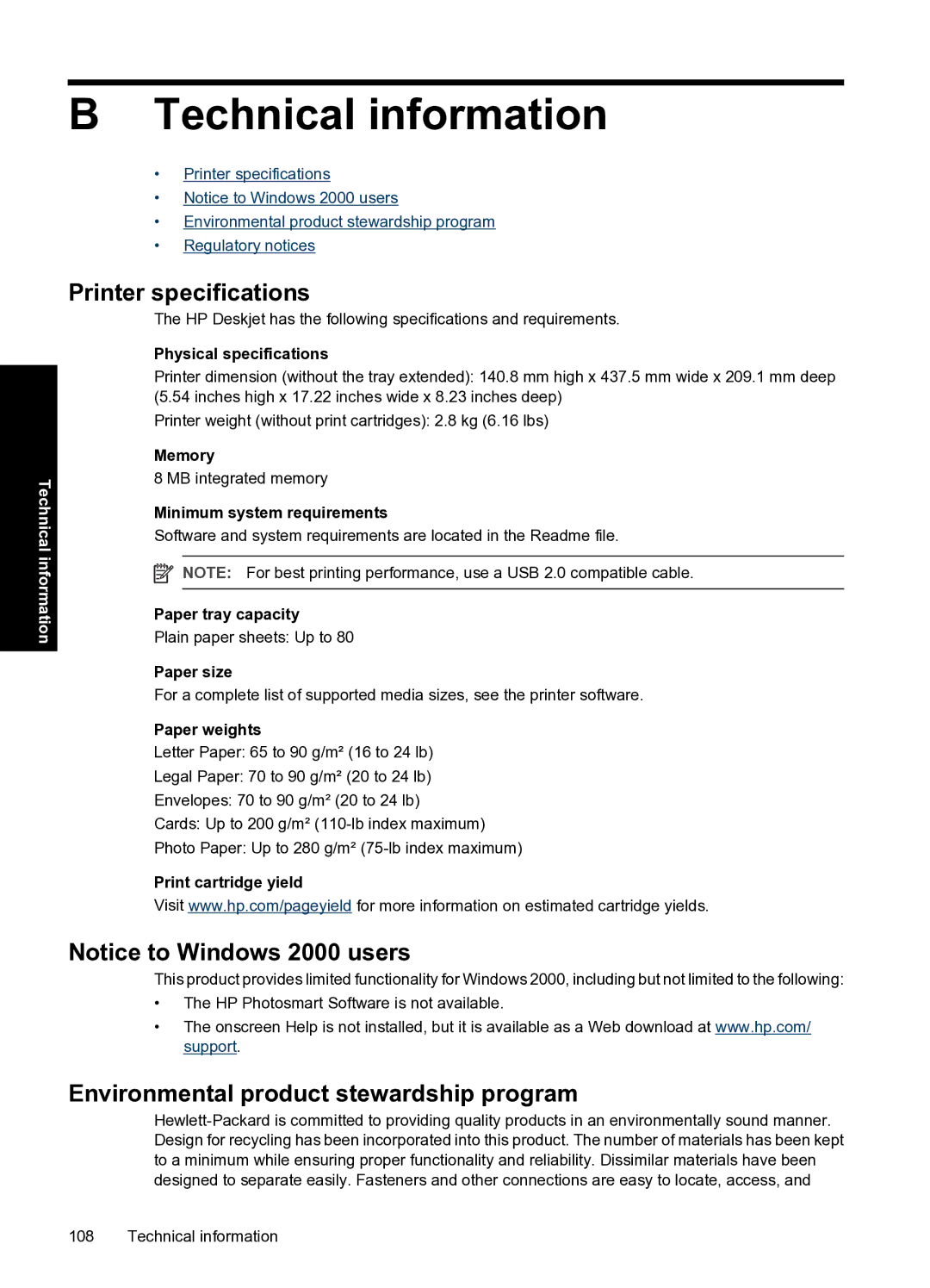 HP D2500 manual Technical information, Printer specifications 