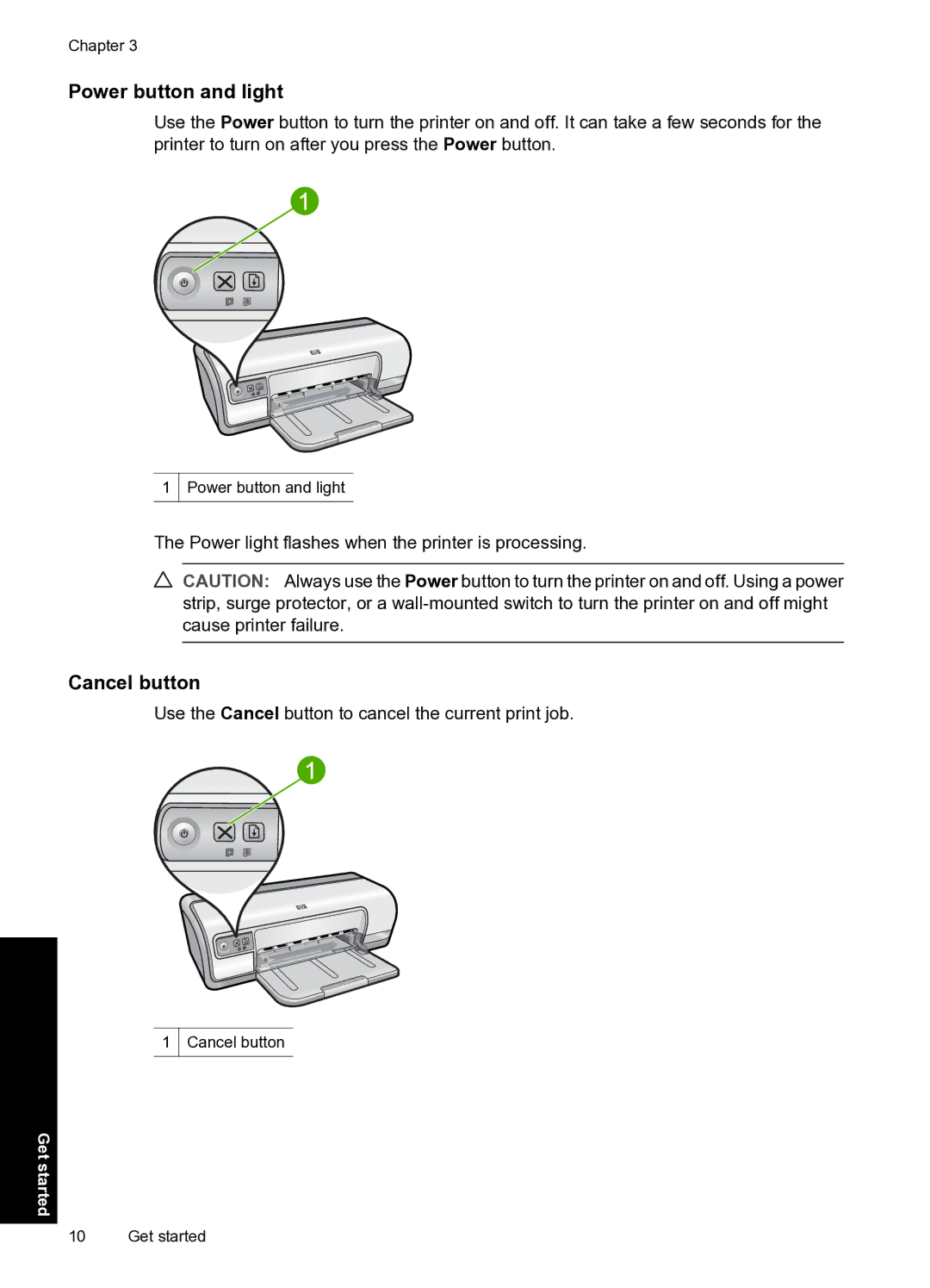 HP D2500 manual Power button and light, Cancel button 