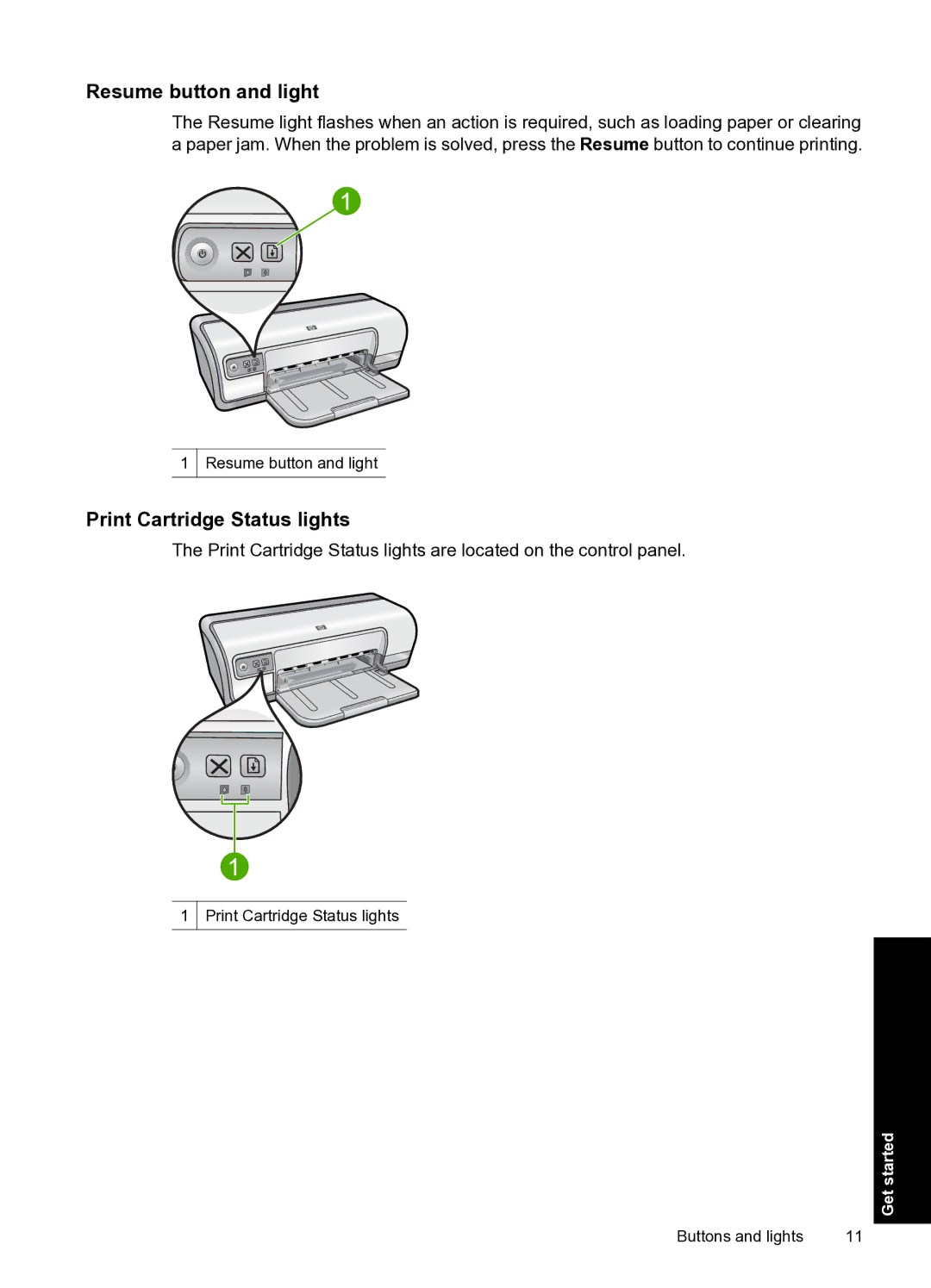 HP D2500 manual Resume button and light, Print Cartridge Status lights 