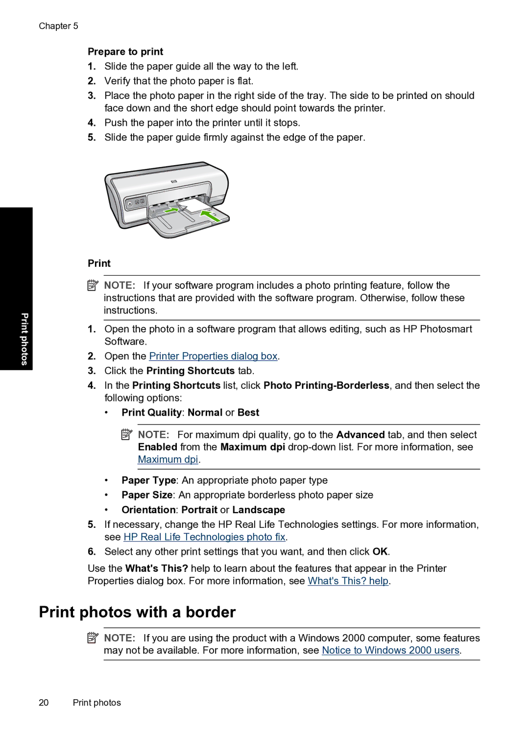 HP D2500 manual Print photos with a border, Prepare to print, Orientation Portrait or Landscape 