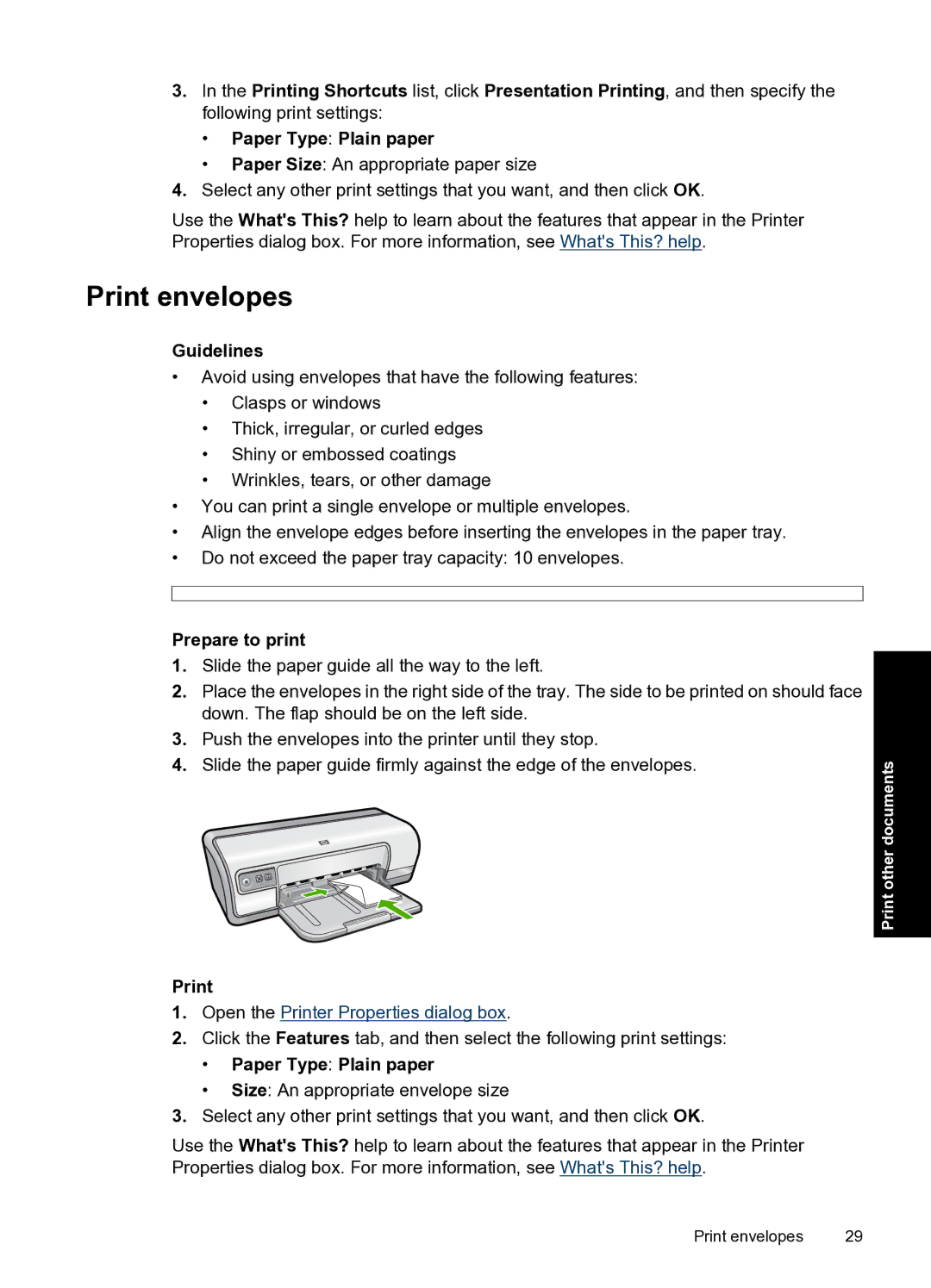 HP D2500 manual Print envelopes 